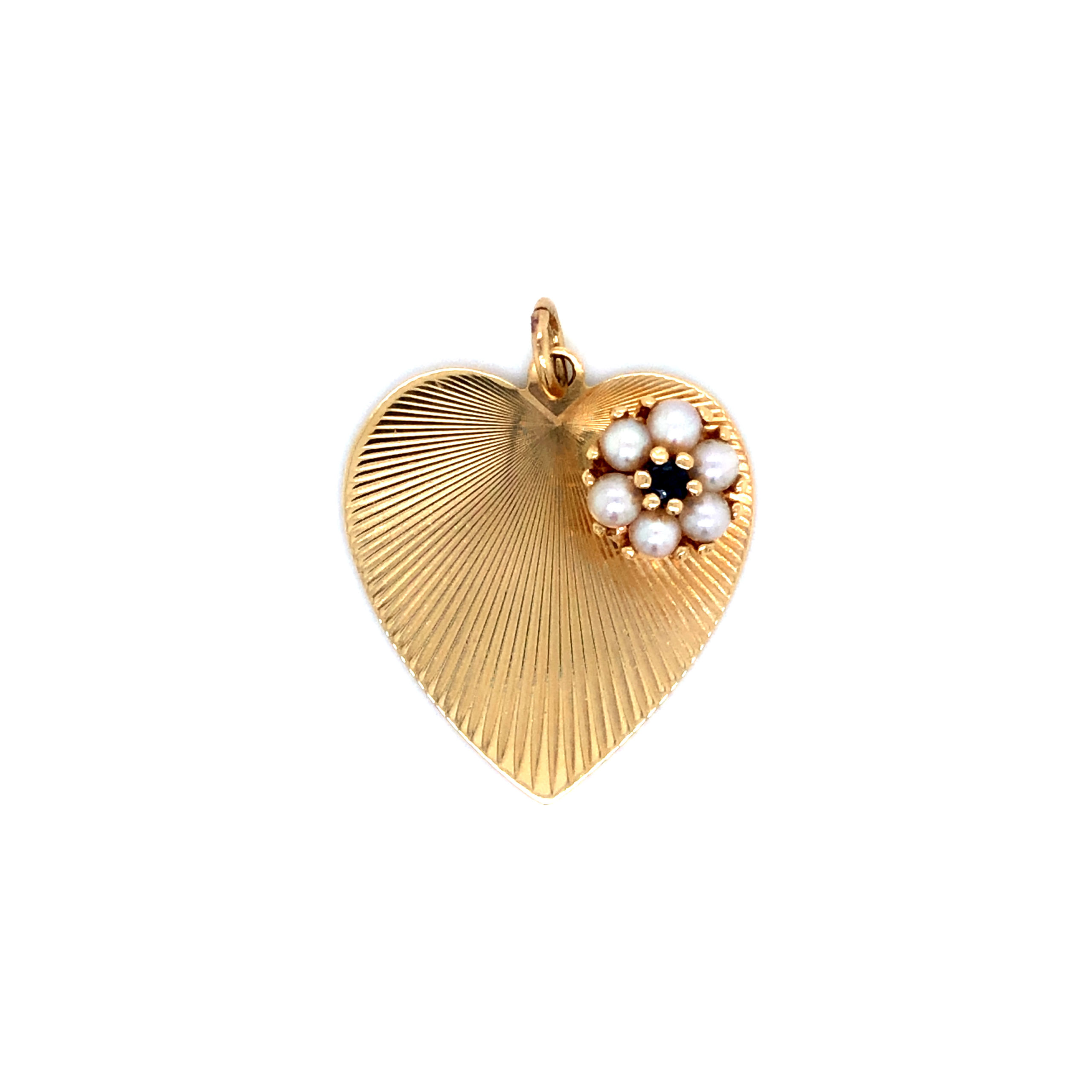 Vintage 14K Yellow Gold Sunburst Heart Charm with Cultured Pearl - Ruby Lane